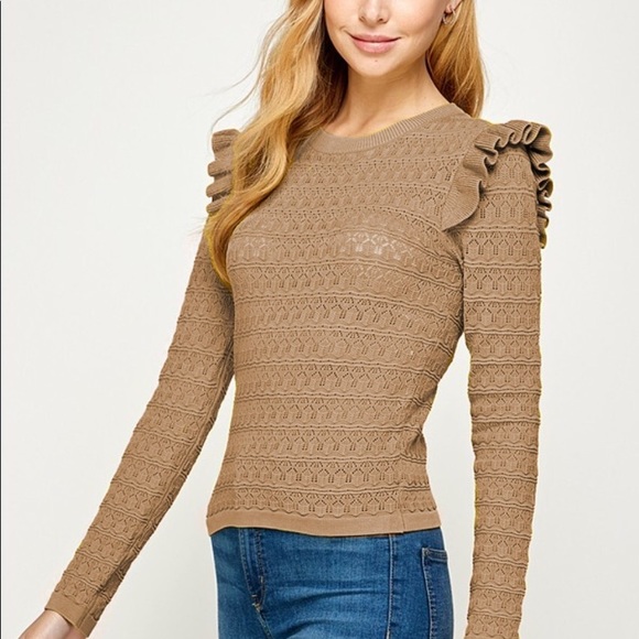 Milk & Honey Tops - 💰 Pointelle Long Sleeve Sweater Top in Camel
